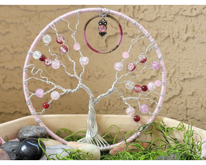 pink and cherry theme wire tree of life front view owl charm accent braided trunk whispy branches